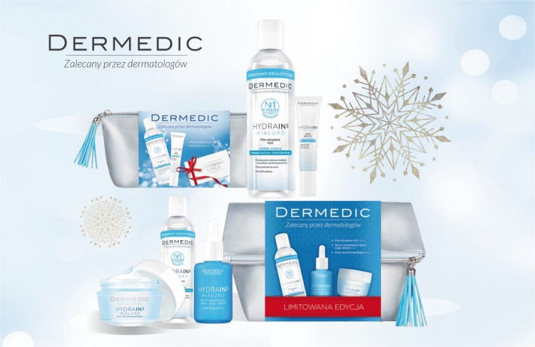Zestawy prezentowe Dermedic Hydrain 3 Hialuro w srebrnych kosmetyczkach