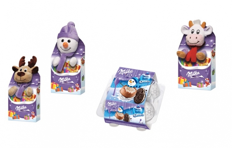 Milka Snow Balls Oreo, 112g, cena: 13,99 zł oraz Zestaw z maskotką Milka, 96,5g, cena: 29,99 zł